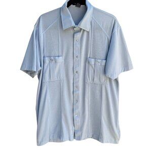 Alan Stuart Vintage 70s Mens Blue Guayabera Woven Panels Short Sleeve Shirt L